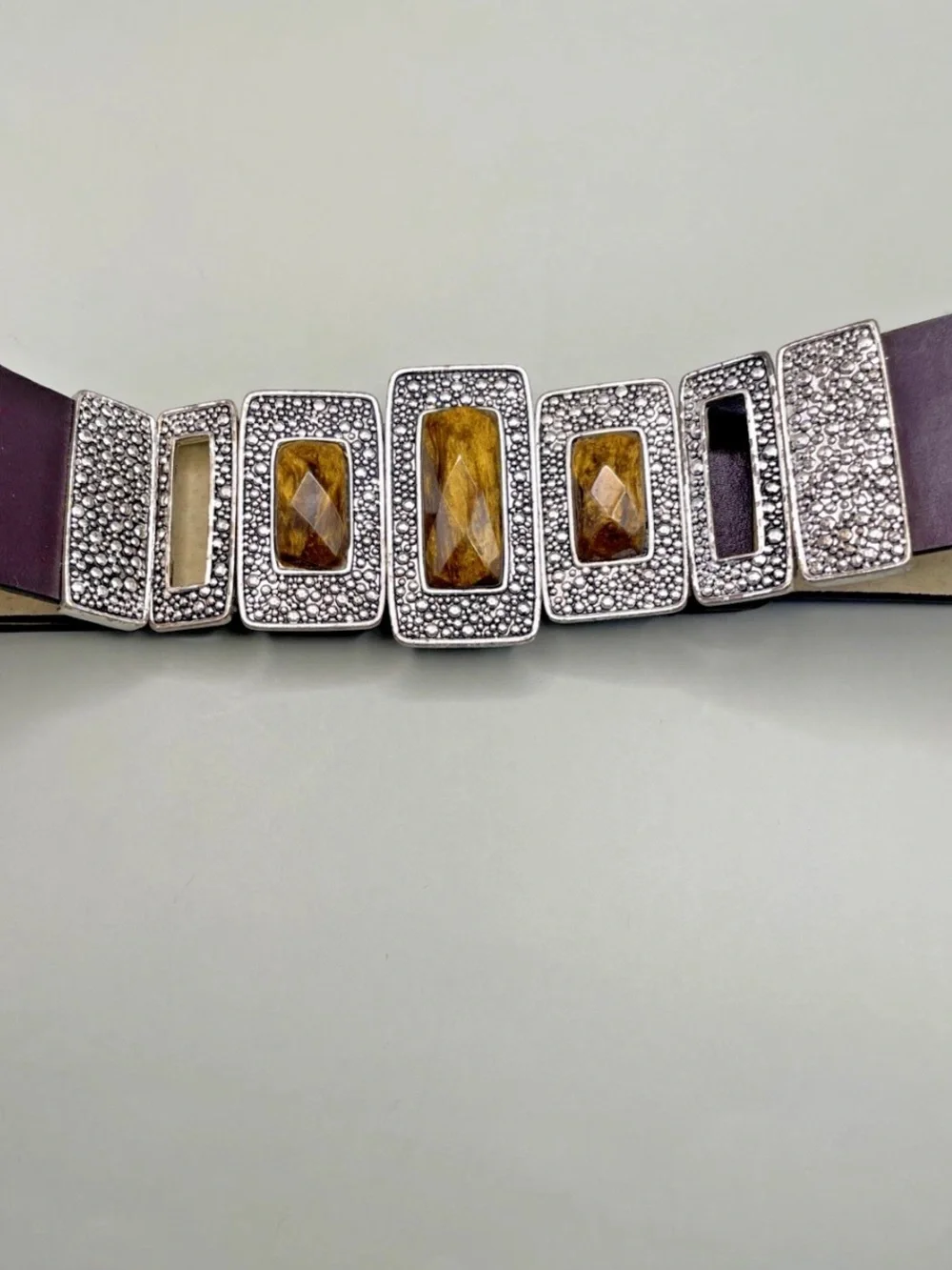 Chicos Wide Belt Women's M/L Brown Leather Silver Tone Faux Amber Stone Buckle